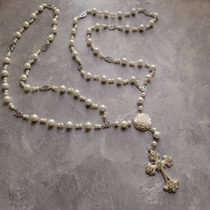 Catholic Pearl Wedding Unity Cord Rosary - Like Lasso Cord with White Rose Centerpiece for Unity Veil and Cord Ceremony image 4