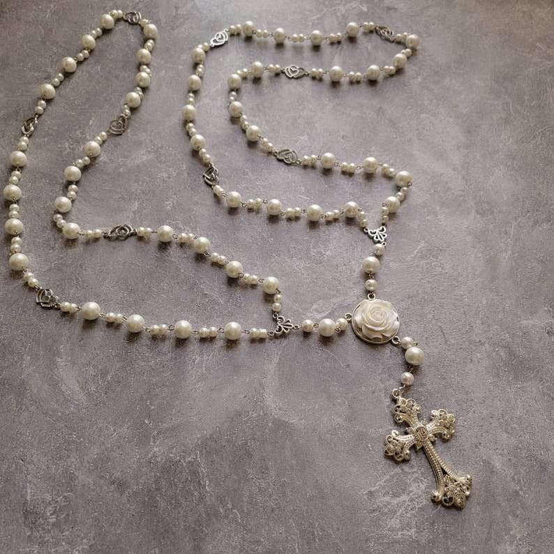 Catholic Pearl Wedding Unity Cord Rosary - Like Lasso Cord with White Rose Centerpiece for Unity Veil and Cord Ceremony image 4