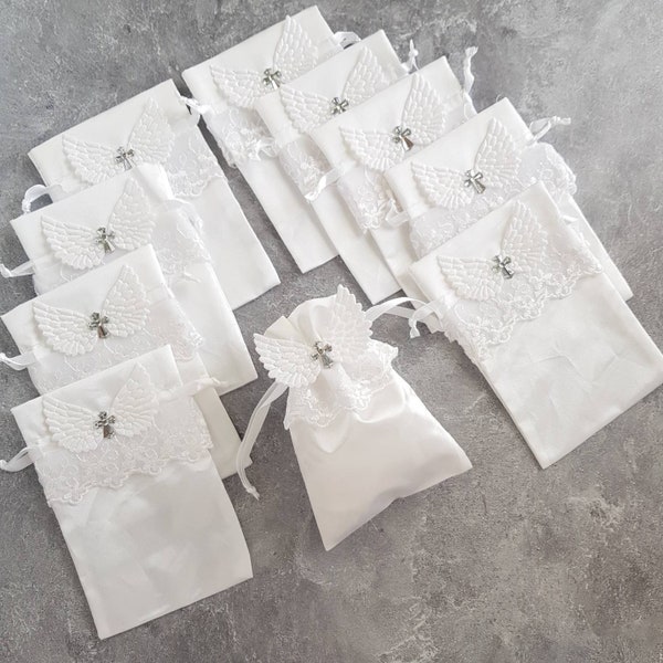 10 pcs White Satin Pouch with Lace Skirt Embellish with Wings and Silver Cross for Baptism, First Communion, Confirmation, Birthdays Gifts