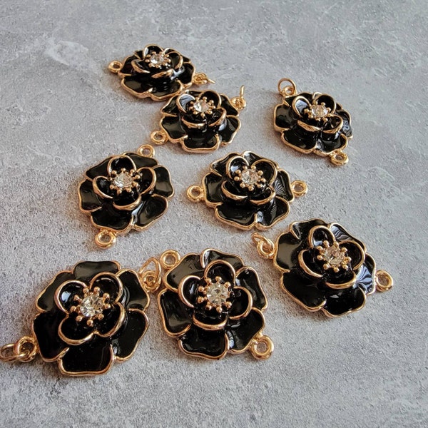 1pc Black and Gold Enamel Flower Connector Beads, Big Black Flower Link, Enamel Flower for Jewelry Making