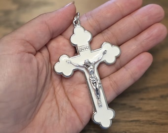 White Enamel Crucifix Pendant – Silver Tone Catholic Cross with Corpus, Made in Italy, Religious Medal Charm