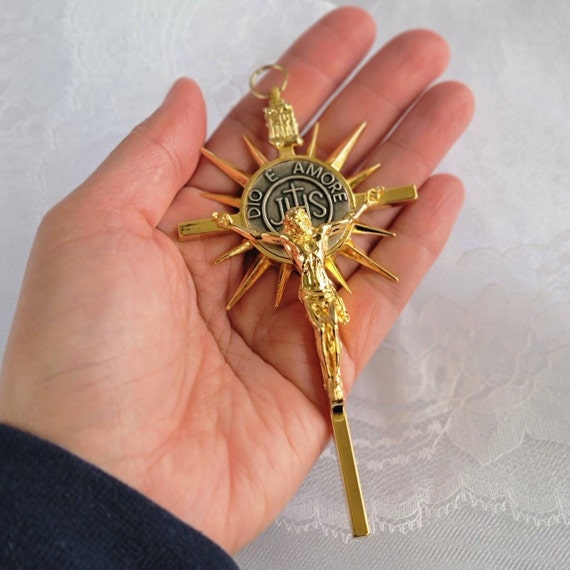 Big Gold Catholic Cross "Dio E Amore" God is Love, Religious Crucifix - Made in Italy, 4.5 inches, Large Crucifix Pendant Necklace Decor
