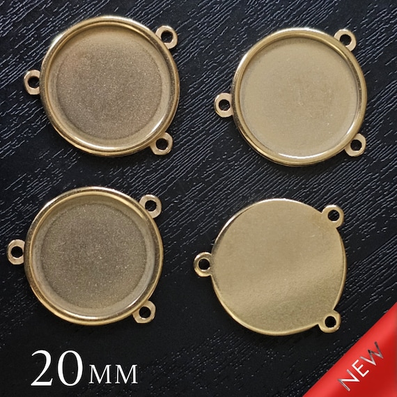 20mm Premium Round Gold Cabochon 3 Loop Connector, 3 Holes Gold Rosary Link Bezel Tray, 4pcs
