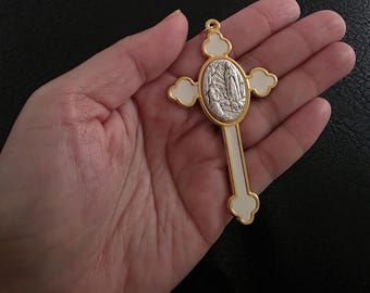 Lourdes White Enamel Cross Medal Charm Pendant | Gold Tone Catholic Religious Charm | DIY Necklace Rosary Jewelry Supply