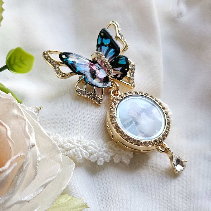 Blue and Gold Butterfly Brooch Lapel Pin with Photo Locket Charm, Customized Photo Gifts for Weddings Memorial Mother&#39;s Day Birthday Grad