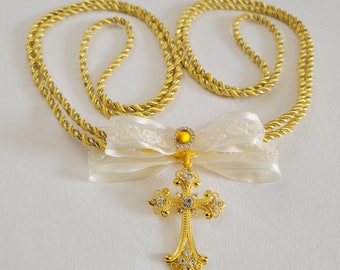 Wedding Unity Cord Lasso for Filipino and Hispanic Catholic Wedding Ceremony - In Ivory Bows, Yellow Gold Cross with Gold and Metallic Cord