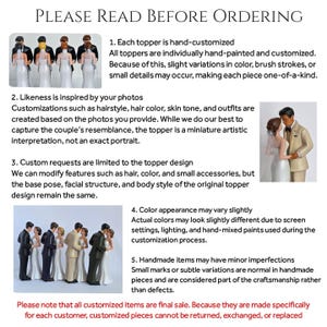 May include: Image of custom wedding cake toppers. The toppers are hand-painted and customized based on photos. The text reads "PLEASE READ BEFORE ORDERING" and details about customization, including variations in color and minor imperfections.