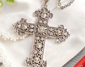 Giovanni Big Silver Antique Cross with  Rhinestones for Pendant, Bejeweled Crucifix 3.25 x 2.75 inches (Cross Only)