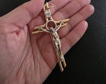 Two-Tone Crucifix Pendant | Gold Tone Cross with Silver Tone Jesus | INRI Catholic Pendant | Religious Necklace Charm | Christian Jewelry