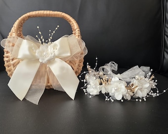 Flower Girl Basket and Headband Set, Rattan Wedding Basket, Rustic Flower Girl Basket, Pearl Flower Crown, Boho Wedding Accessories,