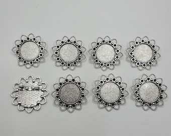 8pcs Tibetan Flower Brooch 20mm Cabochon Bezel Settings Tray with Iron Pin Back Bar Findings in Antique Silver Alloy for Jewelry Making