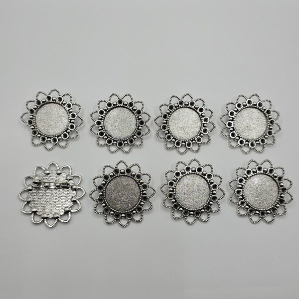 8pcs Tibetan Flower Brooch 20mm Cabochon Bezel Settings Tray with Iron Pin Back Bar Findings in Antique Silver Alloy for Jewelry Making