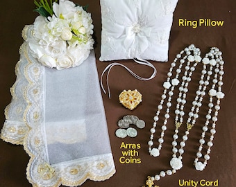 Hope Wedding Bundle, Floral Unity Veil & White Rose Unity Cord, Arras with 13pcs Wedding Coins and Embroidered Roses Ring Pillow