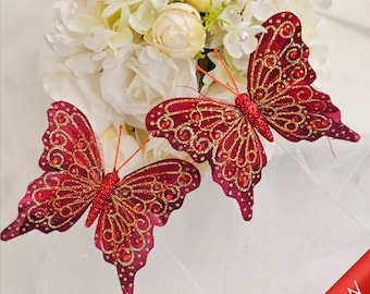 Mariposa monarca roja carmesí con brillos de 4" para centro de mesa de boda, accesorios de decoración del hogar, adornos de acento de disfraz, tocado.