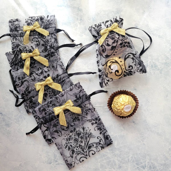 6/12pcs Black Damask Print Sheer Organza Favor Pouch Drawstring Bags with Metallic Golden Bow, 3x4 inches