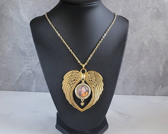 Gold Angel Wings Memorial Photo Locket Necklace, Round Big Rhinestone Photo Pendant,  Memorial Customized Photo Charm Glass Keepsake Gift