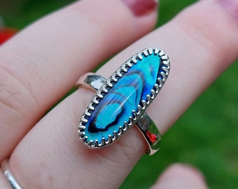 Blauer Paua Muschel Ring aus Sterling Silber | UK Handarbeit | Statement Ring | blauer Edelstein | recycelter Silberring | Cabochon | 925 Ring | Geschenke