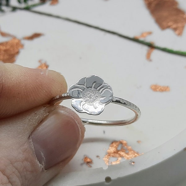 Handmade silver poppy stacking ring | flower ring | stacking ring | poppy day | UK made | floral jewellery | adjustable ring | textured ring