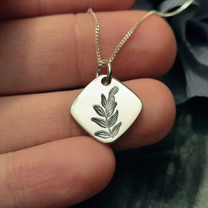Handmade fern leaf silver pendant | hand stamped | leaf pendant | UK made | oxidised black | gifts for her | diamond shaped | feathers
