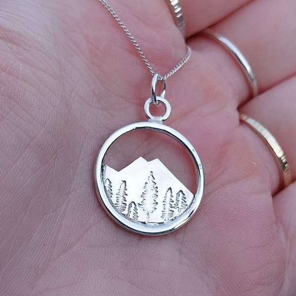 Forest and mountain scene necklace in sterling silver | tree pendant | landscape jewellery | nature | UK handmade jewellery | a.l jewellery