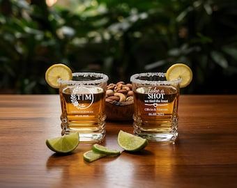 Bride and Groom Shot Glass Set, Personalized Wedding Gift for Couple, Engraved Mr Mrs Favors, Bridal Shower, Rehearsal Dinner, Bulk Guests