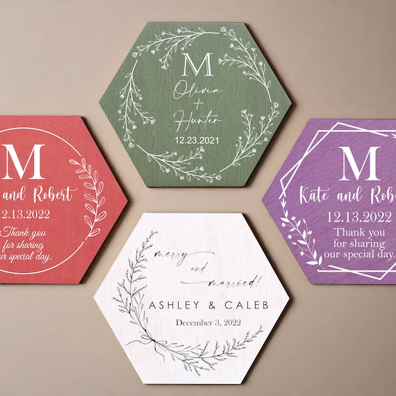 Personalized Wood Wedding Coasters: Floral Rustic Favors