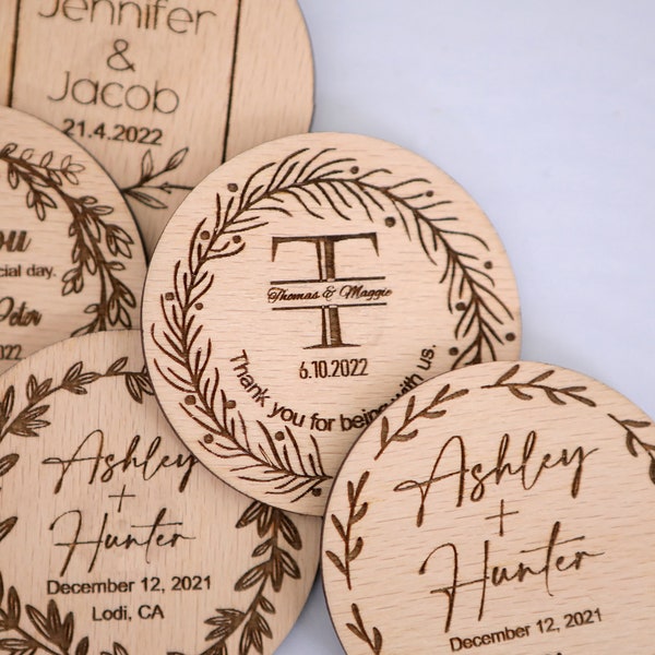 Wooden Thank you Magnets - Wedding Thank You favor - Favors for Guests - Floral Magnets - Personalized Engraved Wedding Favor