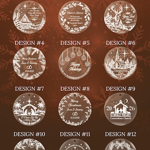 May include: A collection of twelve circular clear acrylic ornaments featuring white laser-engraved holiday designs. Each ornament displays unique festive graphics including nativity scenes, winter landscapes, wreaths, and text options for personalization.