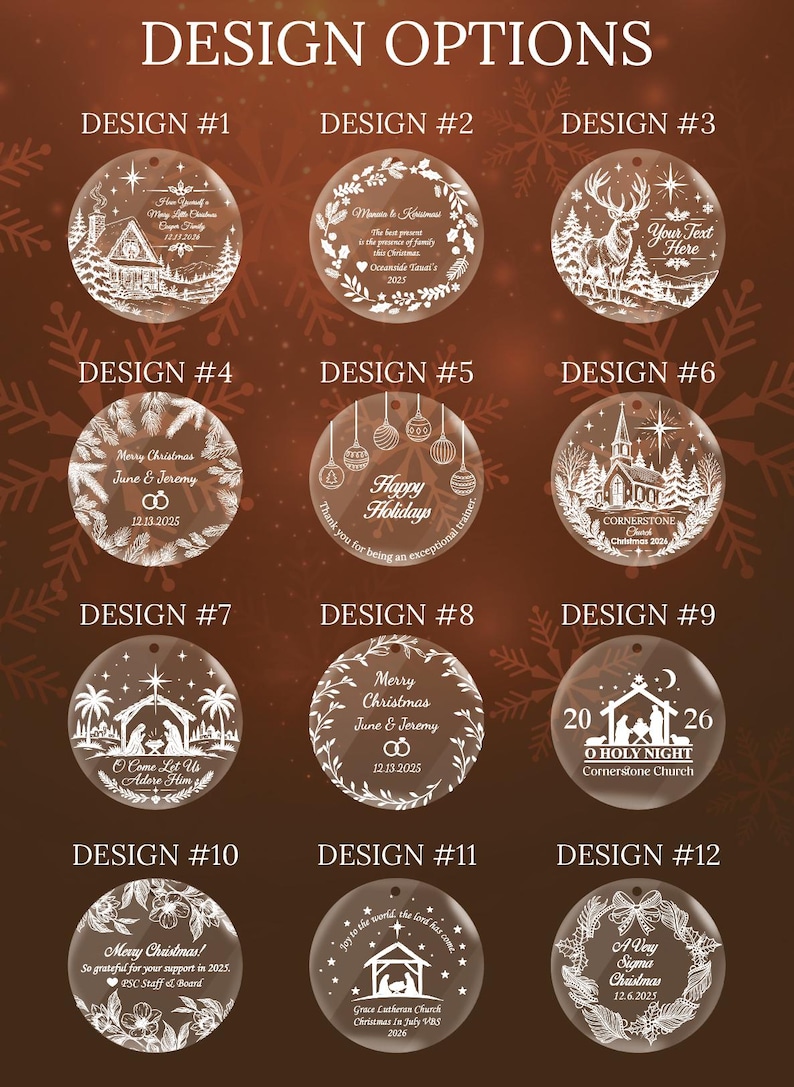 May include: A collection of twelve circular clear acrylic ornaments featuring white laser-engraved holiday designs. Each ornament displays unique festive graphics including nativity scenes, winter landscapes, wreaths, and text options for personalization.
