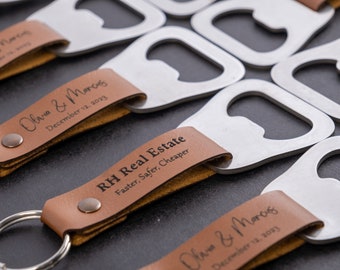 Funeral Favors, Celebration of Life Favors, Personalized Bottle Opener Keychains with Leather Strap