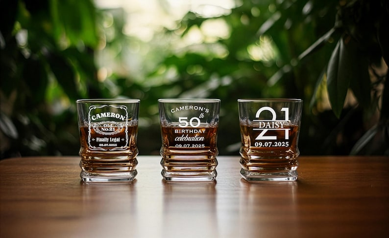 May include: Three personalized whiskey glasses filled with amber liquid, each with unique text. One glass reads "CAMERON Old No. 21 Finally Legal 09.07.2025". The second glass says "CAMERON'S 50th BIRTHDAY celebration 09.07.2025". The third glass says "21 DAISY 09.07.2025".