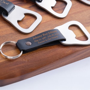 Funeral Favors | Celebration of Life Favors | Personalized Bottle Opener Keychains with Leather Strap