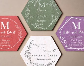 Personalized Wedding Favor Wood Coasters: Engraved Thank You Tags