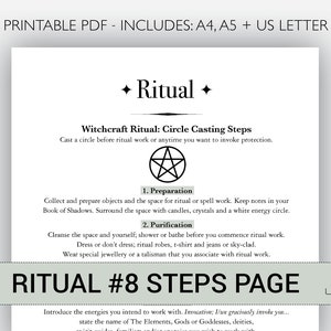 May include: A printable PDF document with the title "Ritual" and instructions for a witchcraft ritual. The document includes steps for preparation and purification, with a pentagram symbol. The text also includes "RITUAL #8 STEPS PAGE".