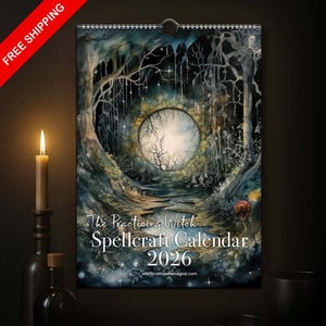 May include: A wall calendar with a fantasy landscape illustration. The artwork features a circular portal in a forest setting, with the text "The Practicing Witch Spellcraft Calendar 2026". A candle and bottle are in the foreground.