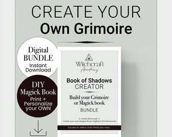 May include: Digital download bundle for creating a Book of Shadows or Grimoire. The bundle includes printable and digital resources to create your own magick book. The text on the image reads "Witchcraft Academy Book of Shadows Creator Build your Grimoire or Magick book Bundle Learn Witchcraft Create your own Magick Book | Digital & Print Resources Includes ALL SINGLE LISTED PAGES plus more..."