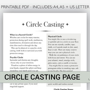 May include: Printable PDF page with instructions on how to cast a circle for protection, meditation, and manifestation. The page includes information on sacred circles, psychic circles, and physical circles. The page also includes a download icon.