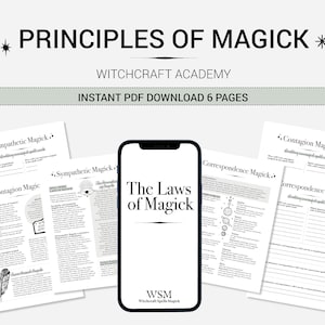 May include: A digital download of a printable PDF guide to the principles of magick, featuring the title "The Laws of Magick" and the text "Witchcraft Spells Magick". The guide includes sections on sympathetic magick, contagion magick, and correspondence magick.