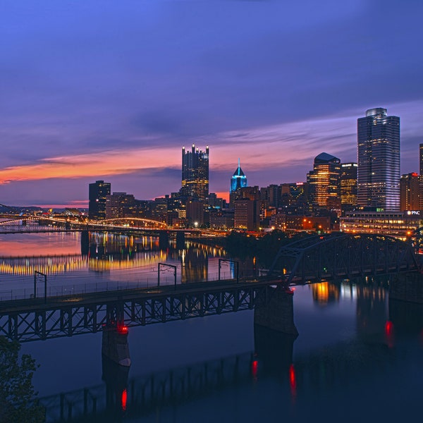 DIGITAL IMAGE: Pittsburgh Skyline/ Sunset Pittsburgh/ Sunset/ Cityscape/ Pittsburgh Photography/ Mt Washington/ Liberty Bridge/ City Photo