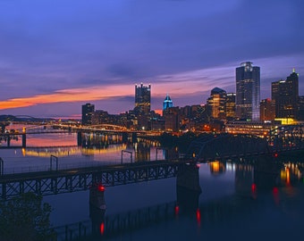 DIGITAL IMAGE: Pittsburgh Skyline/ Sunset Pittsburgh/ Sunset/ Cityscape/ Pittsburgh Photography/ Mt Washington/ Liberty Bridge/ City Photo