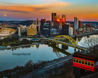DIGITAL IMAGE: Sunset and Full Moon Over Pittsburgh, Winter Sunset, Sunset City Skyline, Pittsburgh Artwork