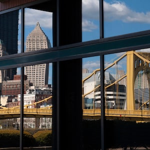 DIGITAL IMAGE: Pittsburgh City Reflection, Glass Reflection of Pittsburgh City Skyline, Pittsburgh Photography, Wall Art, Pittsburgh Decor