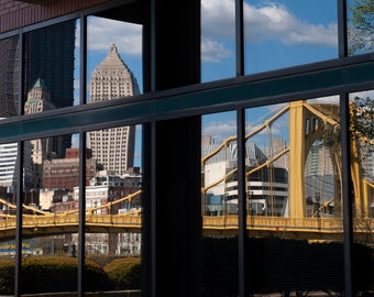 DIGITAL IMAGE: Pittsburgh City Reflection, Glass Reflection of Pittsburgh City Skyline, Pittsburgh Photography, Wall Art, Pittsburgh Decor