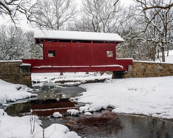 DIGITAL IMAGE: Ebenezer Covered Bridge, Covered Bridges, Winter Scene, Winter Scenery, Winter, Snowy Covered Bridge, Pittsburgh Bridges