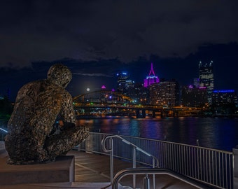 DIGITAL IMAGE: Mr. Rogers Statue, Pittsburgh, PA, Full Moon Over Pittsburgh, Mr. Rogers Statue on North Side, Pittsburgh Photography