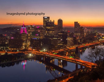 DIGITAL IMAGE: Sunrise over Pittsburgh, Fall Sunrise, Fall Sunset, Sunrise City Skyline, Pittsburgh Artwork