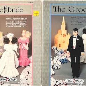 May include: Two vintage craft pattern covers: "The Bride" and "The Groom." The Bride cover features a doll in a white crochet wedding gown and a pink dress. The Groom cover shows a doll in a black tuxedo. Both covers have a church backdrop.