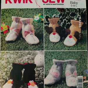 May include: A sewing pattern for baby booties with four different animal designs: a cat, a reindeer, a mouse, and a penguin. The pattern is called "Kwik Sew" and the pattern number is K4090. The pattern is for sizes S-M-L.