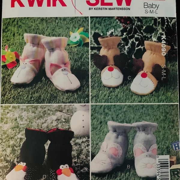 Kwik Sew K4090, Sewing Pattern, Baby & Toddler Fleece Booties, Animal Motif Soft Footwear for Children, Baby Slippers, by Kerstin Martensson