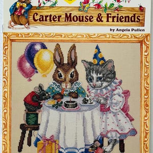 Carter Mouse & Friends "Celebrations" n. 2601, Disegni per punto croce, "Bambini che passeggiano", "Festa di compleanno" e "Sposa topo", di Angela Pullen